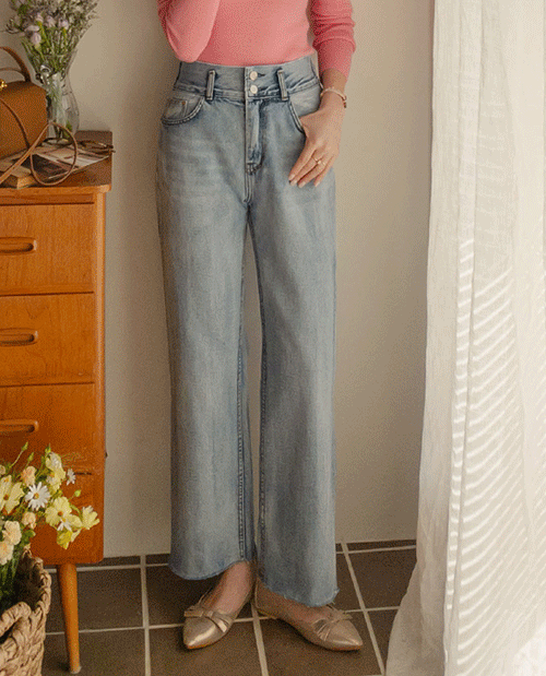 leelin - [[투버튼/스트레이트핏][LABEL] 밀크 은은연청 투버튼 하이웨스트 일자핏 팬츠[size:S,M,L][입고지연 3/21 입고예정!]]♡韓國女裝褲