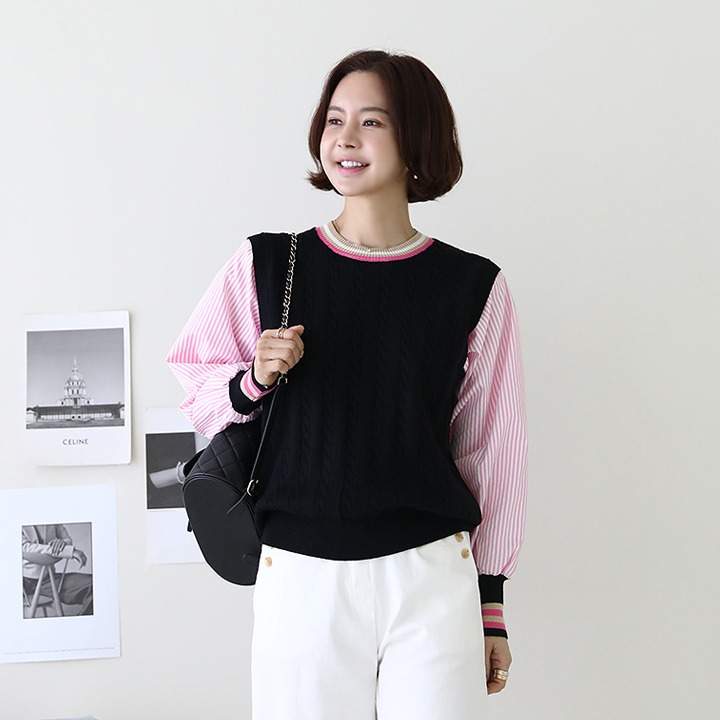 lemite - 스트셔츠 배색꽈니트♡韓國女裝上衣