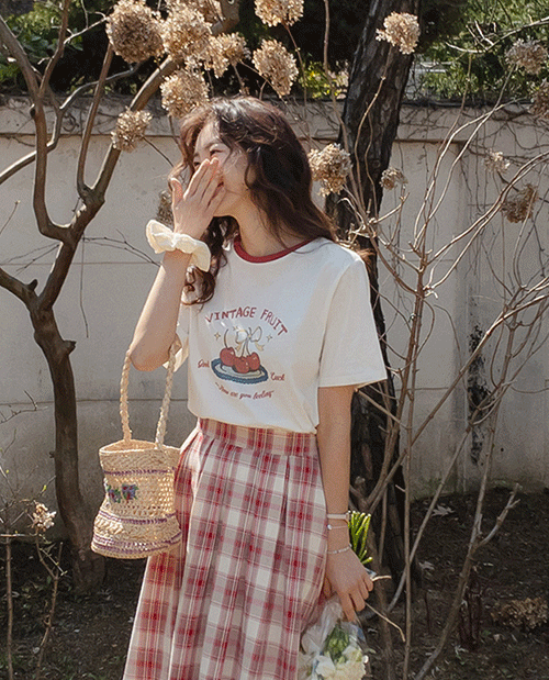 leelin - [모링 귀여운 체리리본 프린팅 티셔츠[size:F(55~66)]]♡韓國女裝上衣