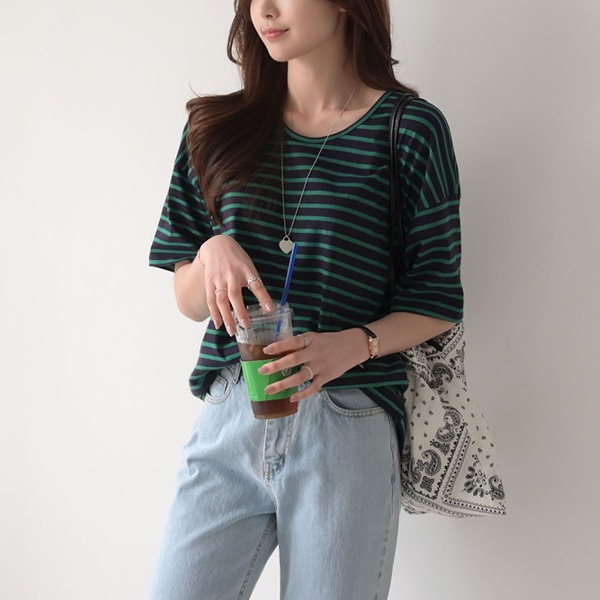 DailyN - [5color] 안데스 베이직 단가라 코튼 스트라이프 반팔 티셔츠♡韓國女裝上衣